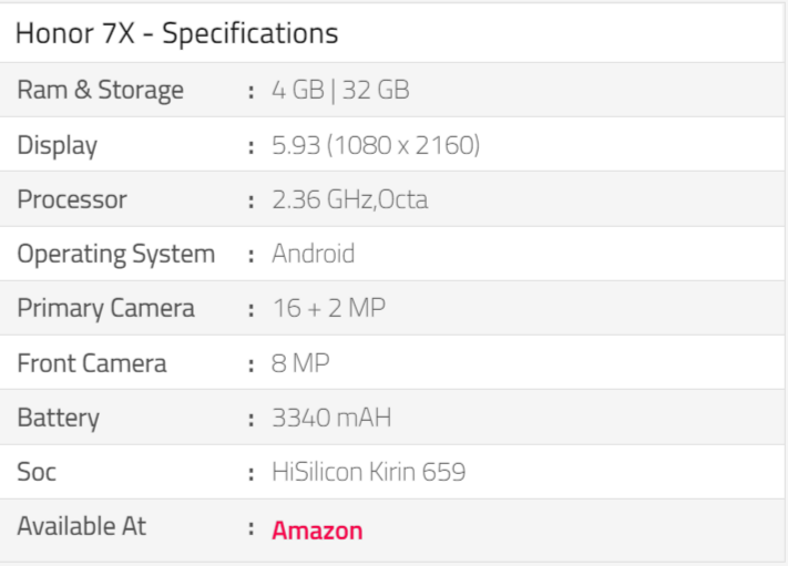 Honor 7X Specification
