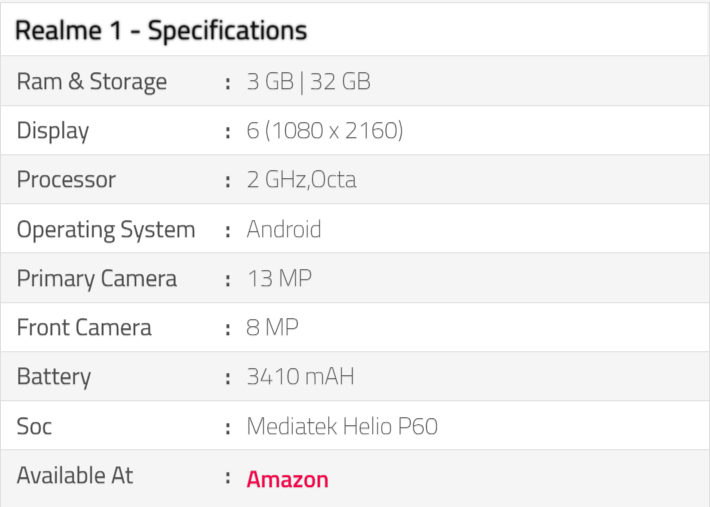 Realme 1 Specification