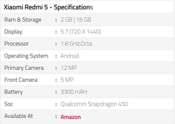Xiaomi Redmi 5 Specification